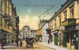 Sankt Pölten, St. Poelten; Bahnhof mit Kremsergasse, Apotheke / street view, railway station, pharmacy (EK)