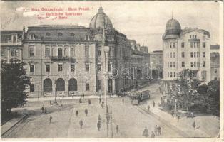 1915 Lviv, Lwów, Lemberg; Kasa Oszczednosci i Bank Praski / Galizische Sparkasse und Präger Bank / savings bank, bank, tram + Militär-Arbeiter-Abteilung der k.k. Landwehr I./I. (surface damage)