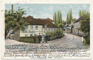 1903 Mecholupy, Michelob; street view, school. Verlag v. Th. Löwy (tear)