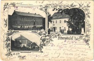 1907 Petrovice, Peterswald; Metallwaren-Fabrik, K.K. Zollamt / metalware factory, customs office, shop. Verlag A. Kliemt Art Nouveau, floral (worn corners)