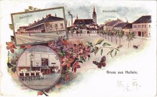 1907 Hulín, Hullein; Bahnhof, Stadtplatz, Bahnhofrestauration / railway station, restaurant, square, street view. Art Nouveau, floral (tear)
