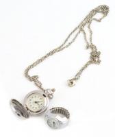 2 db óra: női zsebóra fém lánccal, ujjra húzható gyűrűóra, quartz, működőképes állapotban
