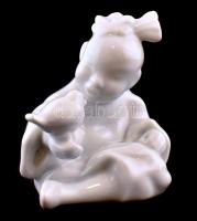 Herendi fehér mázas kínai kislány ülő figura madárral, jelzett, hibátlan, m: 8 cm