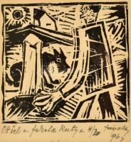 Szigethy István (1891-1966): Ott ül a fekete kutya (1964). Linómetszet, papír, jelzett, számozott: 8/20. Üvegezett fa keretben. 16x16 cm