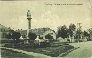 1933 Szakály, Fő utca, Szentháromság szobor, Hangya szövetkezet üzlete. Neuvelt Lajos fényképész kiadása (EK)