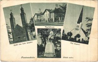 1940 Pusztaszabolcs, Hősök szobra, vasútállomás, épülő római katolikus és református templom (fa)