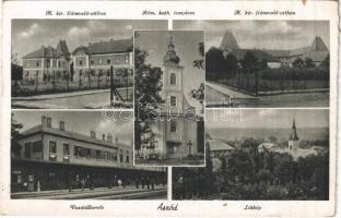 Aszód, vasútállomás, M. kir. fiúnevelő otthon, Római katolikus templom (non PC) (képeslapfüzetből / from postcard booklet)