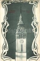 Nagykőrös, Református templom új tornya. Geszner Jenő kiadása. Art Nouveau keret (r)