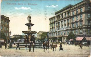 1914 Budapest VIII. Kálvin tér, szökőkút, pesti Hazai Első Takarékpénztár Egyesület, gyógyszertár, villamos (EK)