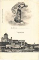 1907 Esztergom, Vártemplom, Bazilika, gőzhajó. Brusty Gyula kiadása. Repülő hölgy montázs (EK)