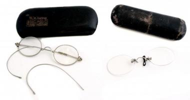 2 db régi szemüveg, az egyik hiányos, a másiknak a szára sérült, kopott tokokban, h: 10 cm és 11 cm