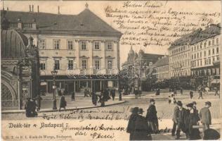 1904 Budapest V. Deák tér, villamosok, üzletek. M.T. és F.I. Koch és Warga kiadása (ázott / wet damage)