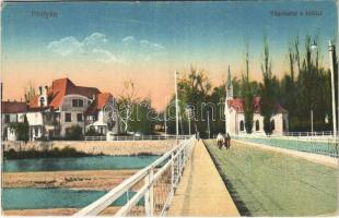 Pöstyén, Piestany; Vág részlet a híddal, templom / Váh river bridge, church (EK)