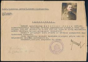 1935 Kecskemét, M. kir. Losonczy István 5. honvéd tüzérosztály által kiállított fényképes igazolvány