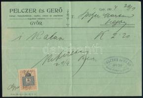 1904 Győr, Pelczer és Gerő kalap-, sapka-, stb. nagybani raktárának fejléces számlája okmánybélyeggel