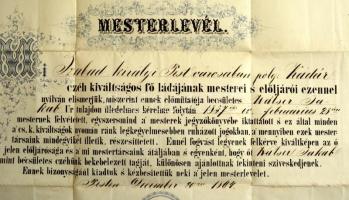 1864 Pest, kádár céh által adományozott mesterlevél, viaszpecséttel, hajtott