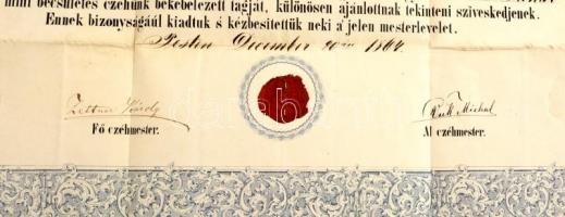 1864 Pest, kádár céh által adományozott mesterlevél, viaszpecséttel, hajtott