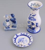 Holland kékfestéses porcelán váza, tálka és kislány-kisfiú pár, kettőn jelzéssel, apró kopásokkal, m: 9,5 cm, 15 cm, d: 9,5 cm