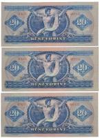 1949. 20Ft (3x) sorszámkövetők "C 450 097133 - C 450 097135", nyomdai papírráncokkal T:I- ...