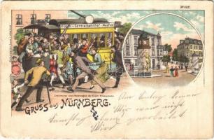 Nürnberg, Nuremberg; Erstürmung eines Motorwagens der Elektr. Strassenbahn / Storming a motor vehicle of the electric tram. Bürger u. Ottillie Art Nouveau, litho