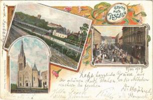 1900 Cieszyn, Teschen; Alter Markt, Herz. Jesukirche, Schlossbrücke m. Schloss / market, church, castle and bridge. Hutterers Art Nouveau, floral (Rb)