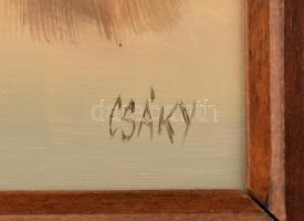 Csáky Lajos (1950-): Köd a Tiszán. Olaj, farost, jelzett, hátoldalán autográf felirattal és bírálóbi...