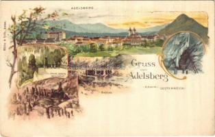Postojna, Adelsberg (Krain); Brücke, Franz Josefs Monument / cave interior, statue, bridge. Müller & Trüb Art Nouveau, floral, litho