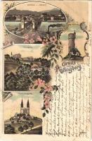 1899 (Vorläufer) Linz, Pöstlingberg, Brücke u. Urfahr, Freinberg, Franz Josef Warte / bridge, tower, church. Lautz & Isenbeck Art Nouveau, floral, litho (tear)