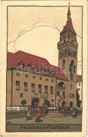 Passau, Rathaus / town hall. Künstler Stein Zeichnung litho