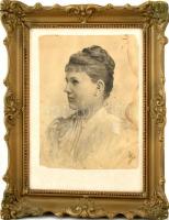 Zsolnay Júlia (1856-1950): Női portré. Ceruza, papír, foltos, sérült, jelzett. Üvegezett keretben. 2...