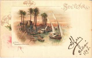 1898 (Vorläufer) Cairo, Caire; Dhahabiyes au bord du Nil / dahabeah boats on Nile river. Art Nouveau, floral, litho (Rb)