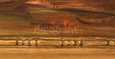 Rembrandt v. Rijn Matzon c. jelzéssel: Táj lovassal és  romokkal. Olaj, vászon, kartonon. Dekoratív,...