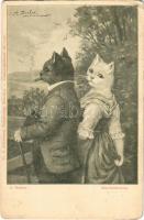 Die Dorfschöne / Romantic cat couple art postcard. Fr. A. Ackermann Kunstverlag Künstlerpostkarte No. 1077. s: A. Dreher (kopott sarkak / worn corners)