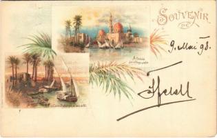 1898 (Vorläufer) Cairo, Caire; A lentrée dun village arabe, Dhahabyres au bord du Nil / Arabian village, dahabeah boats on Nile river. Art Nouveau, floral, litho (Rb)