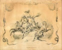 2 db XIX. sz. metszet, Victor Jean Adam (1801-1866) után: Chasse Au tigre (tigrisvadászat) és Chasse...