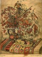 Imre István (1918-1983): Asztali csendélet. Színezett rézkarc, papír, jelzett, foltos. Üvegezett fa keretben, 38×29 cm