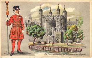 London, The Tower of London and a Yeoman Warder Beefeater. Raphael Tuck & Sons London Character Series s: Helen McKie