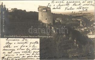 1903 Brassó, Kronstadt, Brasov; Weisser Thurm und Schlossberg. Verlag H. Zeidner No. 5. / Fehér torony és a Fellegvár / tower, citadel, hill