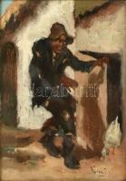 Varga István (1917-?): Libatolvaj. Olaj, karton, jelzett. Üvegezett, dekoratív, kissé sérült fa képkeretben. 34x23,5 cm
