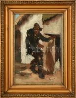 Varga István (1917-?): Libatolvaj. Olaj, karton, jelzett. Üvegezett, dekoratív, kissé sérült fa képk...