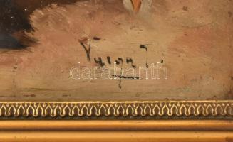 Varga István (1917-?): Libatolvaj. Olaj, karton, jelzett. Üvegezett, dekoratív, kissé sérült fa képk...