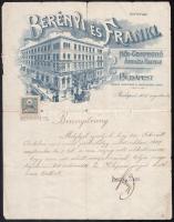 1909 Bp., Berényi és Frankl Női-Confextió Áruháza fejléces levélpapírjára írt munkáltatói igazolás, rajta az üzlet képével