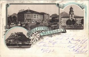 1892 (Vorläufer!!!) Salzburg, Hotel Pitter, Glockenspiel, Festung Hohen Salzburg / hotel, bell tower, castle. Robert Pfleumer Art Nouveau, floral, litho (EB)