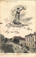1908 Stryi, Stryj; Ulica Walowa, Lotem przez swiat / street. Montage with flying lady (EK)