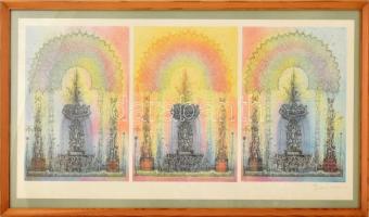 Gross Arnold (1929-2015): Szökőkút. Nyomat, papír, jelzett, üvegezett fa keretben, 27x56 cm