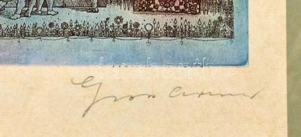 Gross Arnold (1929-2015): Szökőkút. Nyomat, papír, jelzett, üvegezett fa keretben, 27x56 cm