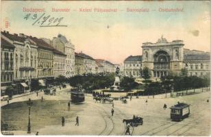 1909 Budapest VII. Keleti pályaudvar, Baross tér, villamosok. Taussig A. 9242. (EK)