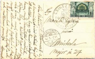 1940 Csíkszereda, Miercurea Ciuc; bevonulás, díszkapu "Isten hozott a Csíki végekre" felir...