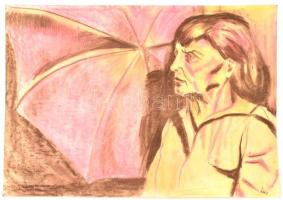 Klie jelzéssel: Hölgy rózsaszín napernyővel. Kréta, papír. 50x70 cm