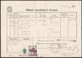 1941 Bp., Halotti anyakönyvi kivonat okmánybélyegekkel